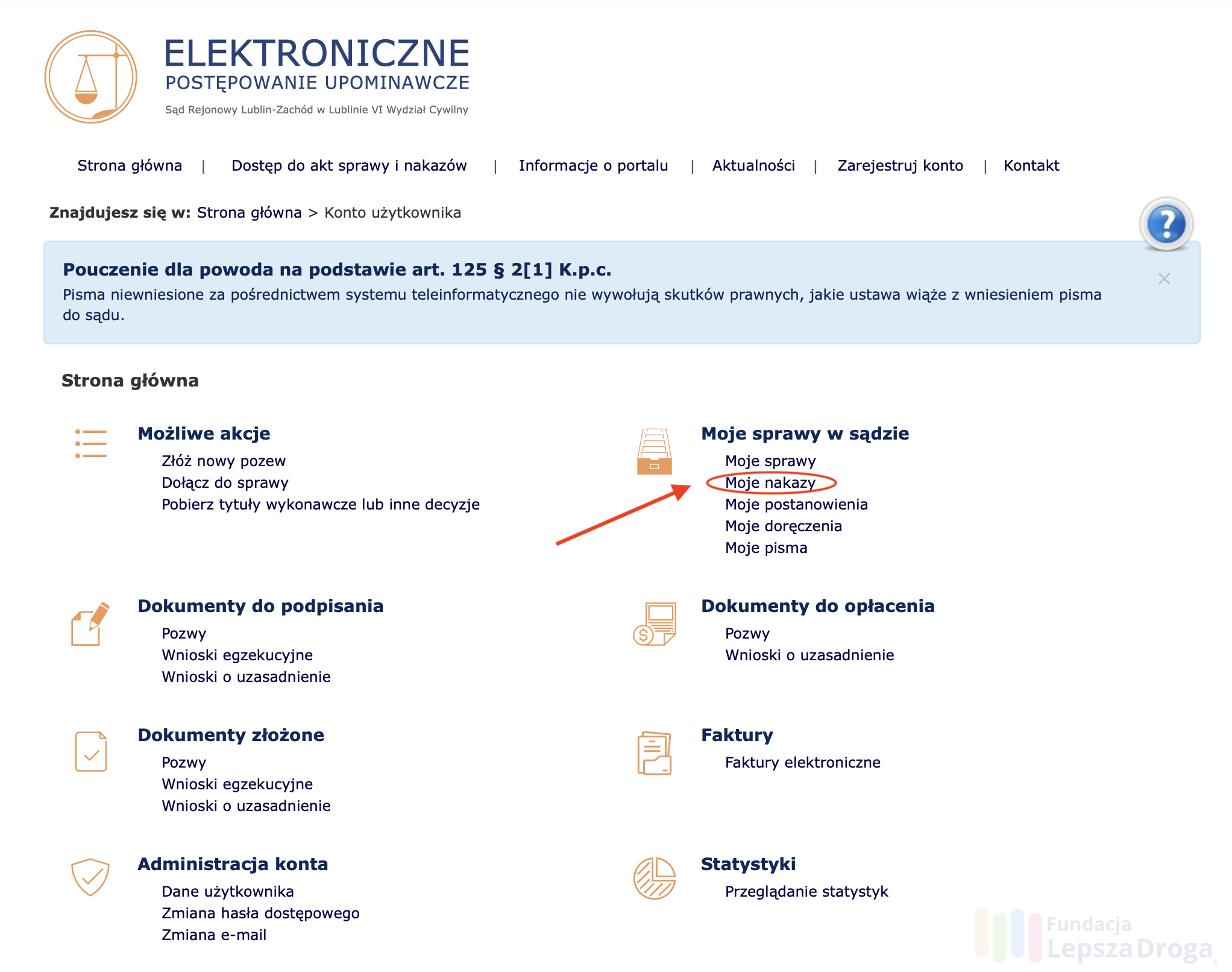 Panel główny EPU - wybierz zakładkę Moje nakazy